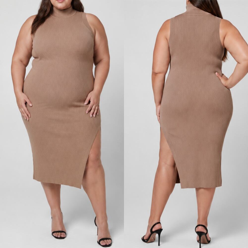 Good American Women's Plaited Sleeveless Rib Midi Dress Warm Caramel Size 4X
